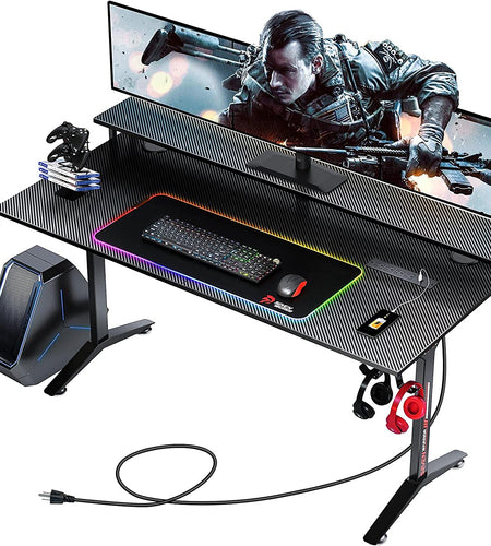 Ergonomic Gaming Table with Monitor Stand, Cup Holder, Headphone Hook, Outlet Organizer