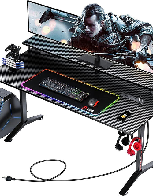 Load image into Gallery viewer, Ergonomic Gaming Table with Monitor Stand, Cup Holder, Headphone Hook, Outlet Organizer
