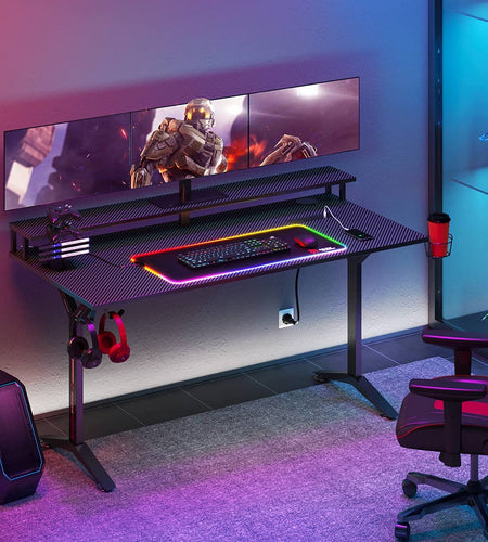 Ergonomic Gaming Table with Monitor Stand, Cup Holder, Headphone Hook, Outlet Organizer