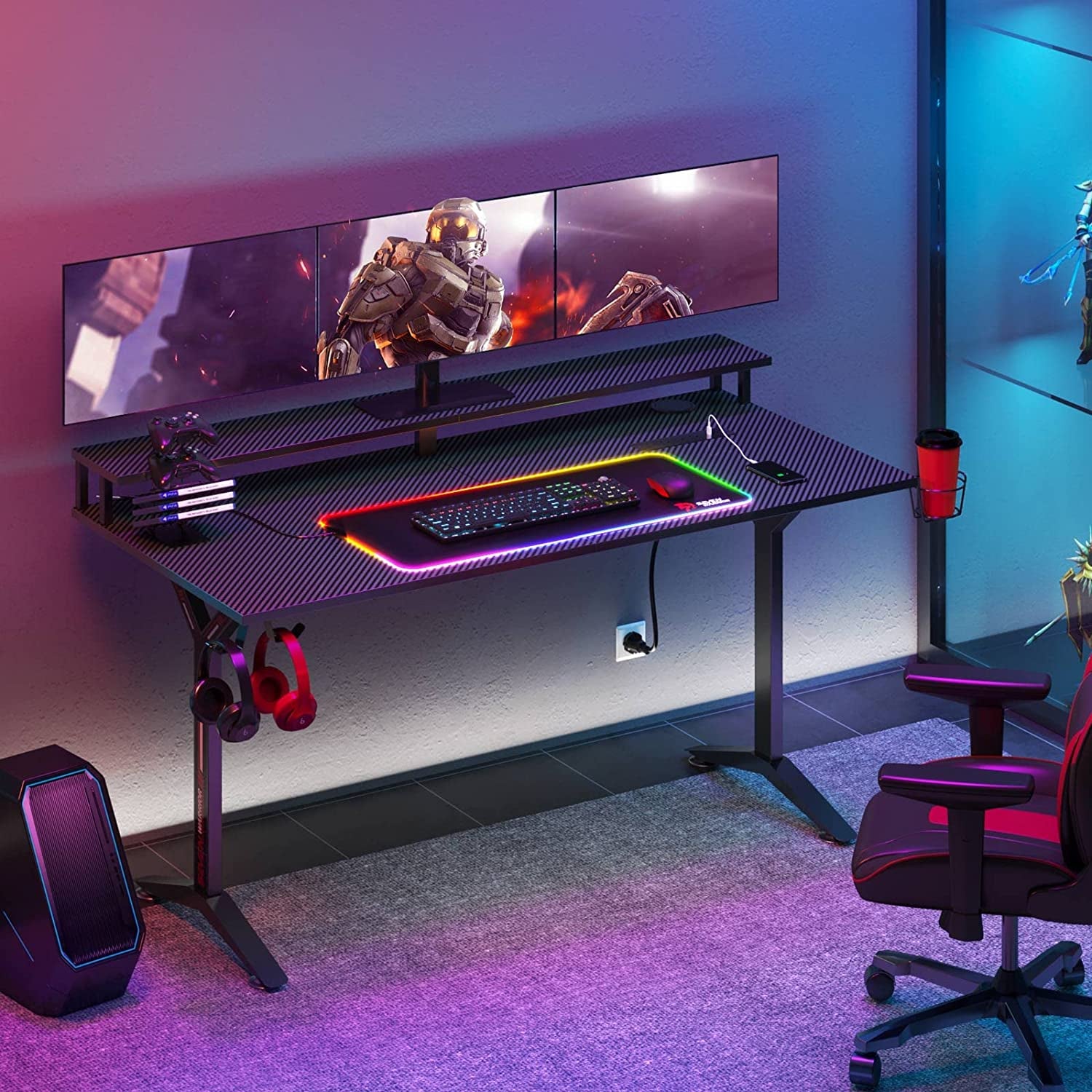 Ergonomic Gaming Table with Monitor Stand, Cup Holder, Headphone Hook, Outlet Organizer