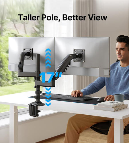 HUANUO Stackable Dual Monitor Arm - Adjustable Gas Spring Monitor Mount for Gaming and Home Office Setups, Monitor Stand Hold up to 32" with 19.8 Lbs Max Weight and C-Clamp or Grommet Hole Mounting Vesa Bracket Base S Length Hydrolic Moniter Desk Support
