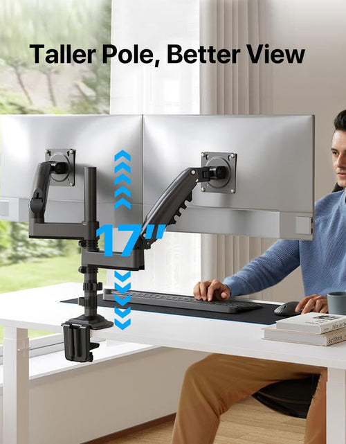 Load image into Gallery viewer, HUANUO Stackable Dual Monitor Arm - Adjustable Gas Spring Monitor Mount for Gaming and Home Office Setups, Monitor Stand Hold up to 32" with 19.8 Lbs Max Weight and C-Clamp or Grommet Hole Mounting Vesa Bracket Base S Length Hydrolic Moniter Desk Support
